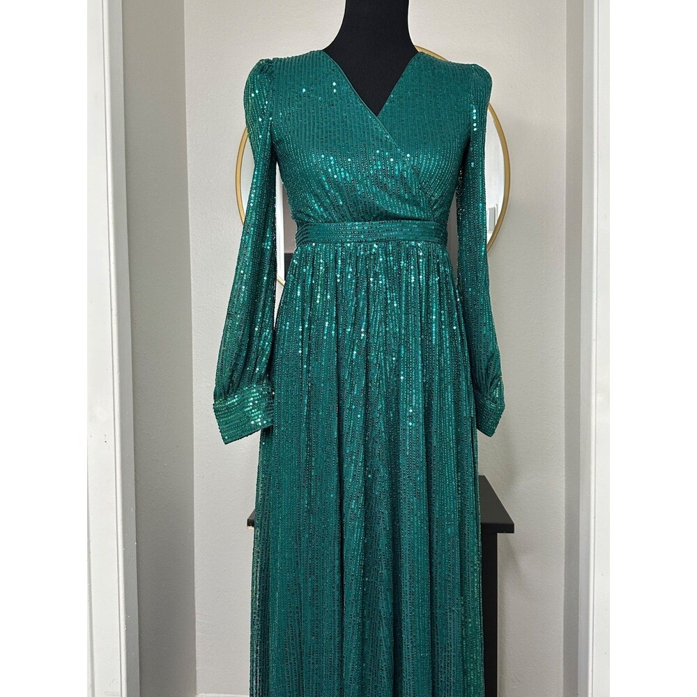 Faeriesty Emerald Green Sequin Maxi Dress Womens S Long Sleeve Holiday Party V-N